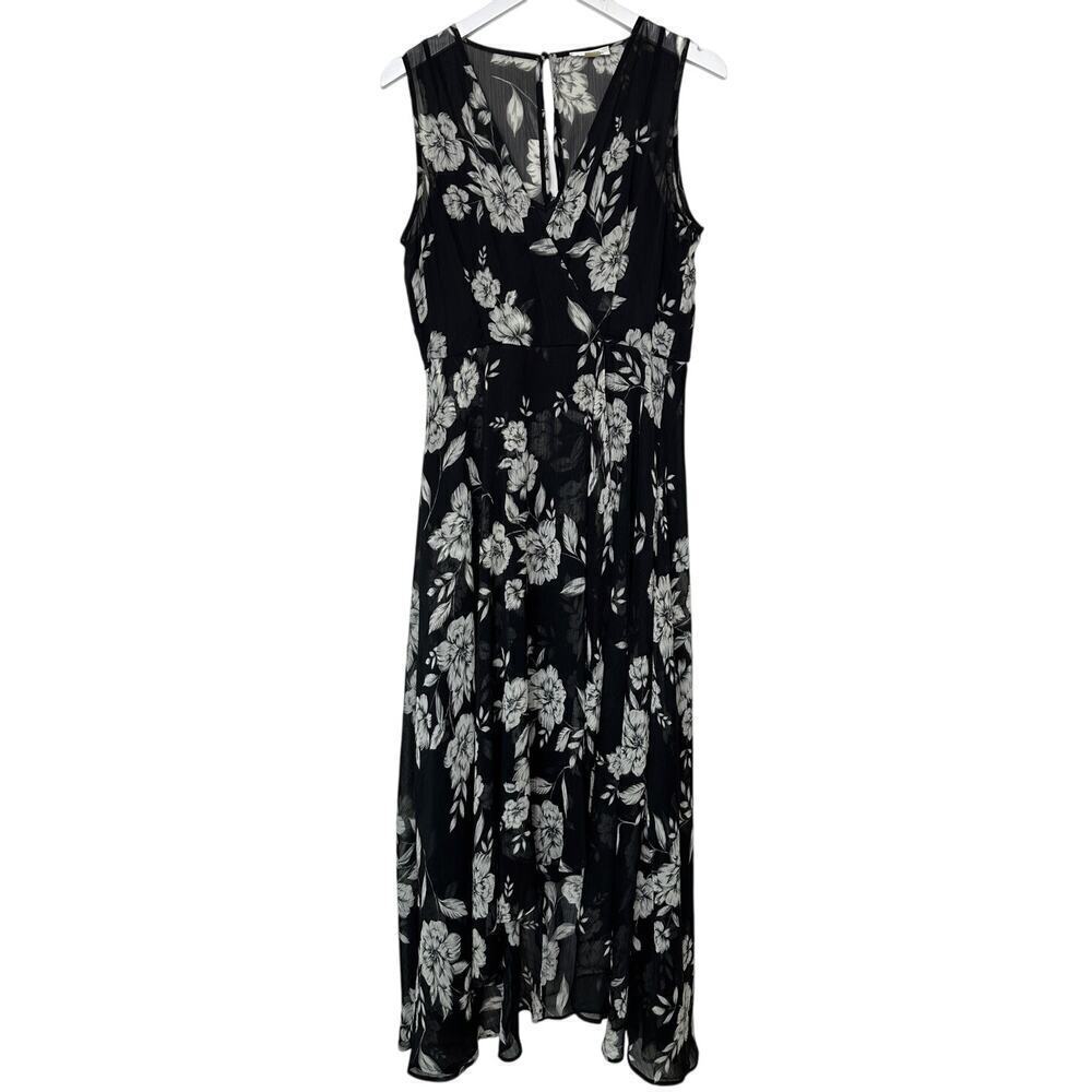 Calvin Klein Size 10 Black White Midi Dress Floral Vacay Flowy Euro Summer
